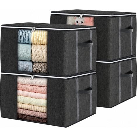 Sac de rangement pour couette, motif à carreaux gris clair, 90 L, tissu non tissé, poignée renforcée, organisateur de chambre noir brossé 4 x 90 L avec poignée renforcée (1/5)