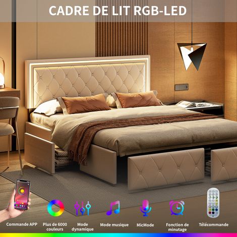 Lit capitonné 140 x 200 cm, recharge USB, tête de lit LED, 4 tiroirs, lit double , lit coffre, cadre de lit jeune, sommier à lattes en bois, sans matelas, beige (1/5)