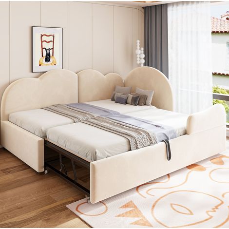 Ausziehbett 90/180×200 cm in Beige aus Samt mit L-Form und Wolkenkopfteil (1/5)
