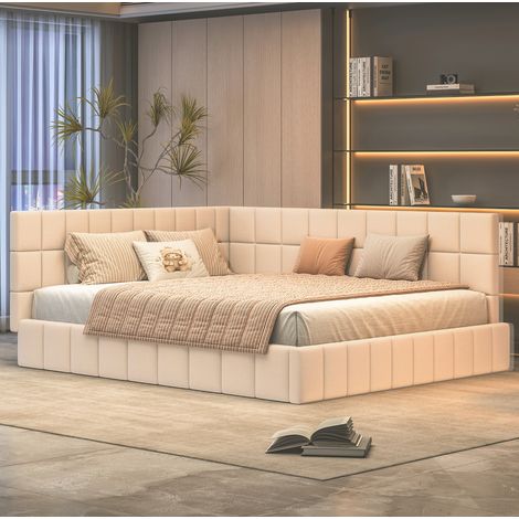 Sofá cama 160x200 cm de terciopelo beige con somier de láminas, sin colchón - CHICFURN (1/5)
