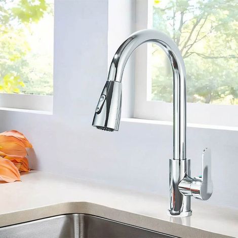 1 Mitigeur cuisine, bec extractible, pivotant 360°, 2 modes, chrome, plastique acier, économie d'eau (1/5)