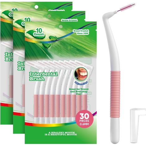 Lot de 30 Brossettes Interdentaires avec Poignée Coudée à 90° en Forme de L - Petite - Pour Le Nettoyage des Dents de 0,6 MM - Pour Les Personnes Ayant des Espaces Étroits (1/5)