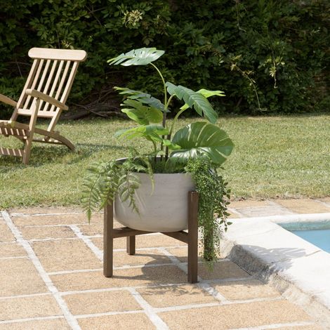 HECTOR - Pot de fleur rond en béton sur pieds en acacia marron (1/5)