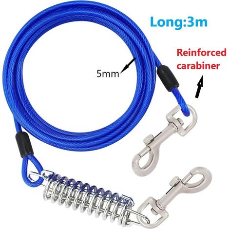 Câble d'attache pour chien robuste 3m avec ressort amortisseur et mousquetons rotatifs en acier inoxydable pour jardin et camping