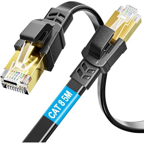 Cable Ethernet Cat 8 5m Plat, Cable RJ45 5 Mètres Blindé Cable Internet Haut Debit 40Gbps 2000MHz Câble Réseau Haute Vitesse Câble Patch Gigabit Cable LAN Plat Noir pour Routeur, Modem (1/5)