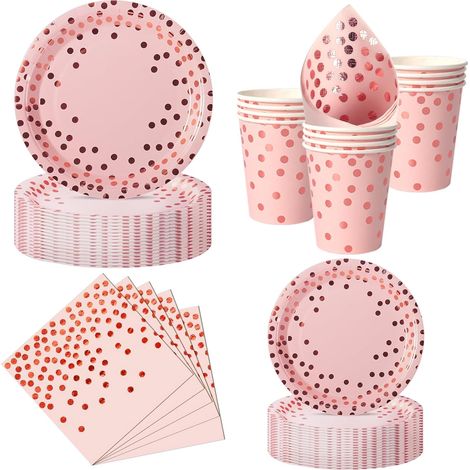 50 Pièces Vaisselle Jetable, Assiettes Plates 23cm, Assiettes Dessert 18cm, Gobelets, Serviettes, Rose et Or, Mariage, Anniversaire (1/5)