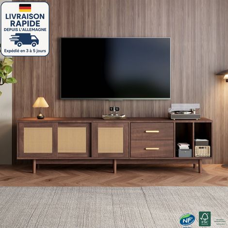 Mobile TV 190 cm - Effetto legno + rattan - 3 ante + 2 cassetti + 2 ripiani semiaperti - japandi - Sei piedini di appoggio distribuiscono efficacemente il carico (1/5)
