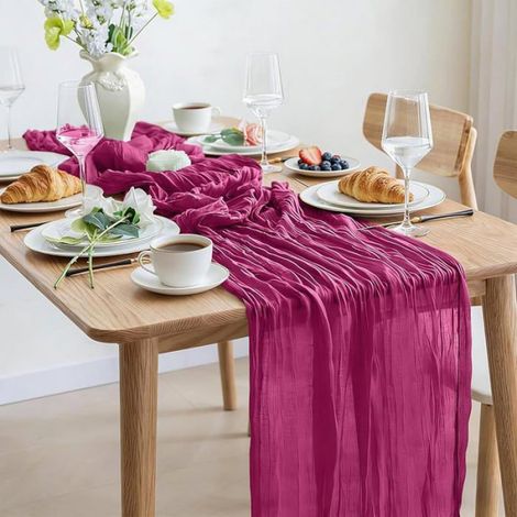 1 Chemin de table, 300x90 cm, gaze style bohème, rose fuchsia, pour mariage, fête (1/5)