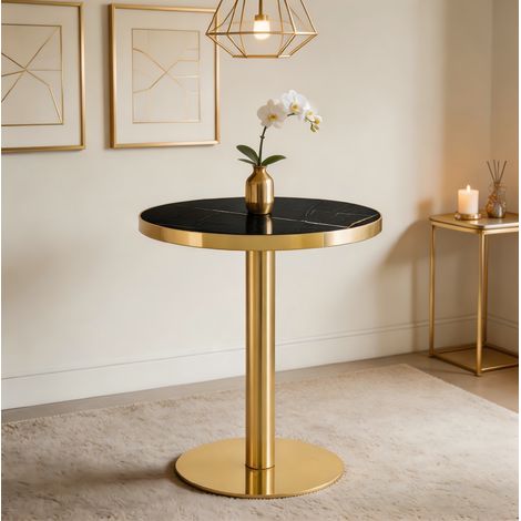 Runder Beistelltisch Modern, UV-Platte in Marmoroptik, Stabile Basis, für Wohnzimmer, MDF, Schwarz und Gold (1/5)