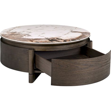 Table basse ronde effet marbre avec tiroir - marron brun et effet marbre (1/5)