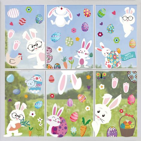 126 autocollants décoratifs pour fenêtres de Pâques, œufs mignons, lapins et carottes pour la décoration de fenêtres de Pâques et du printemps (9 feuilles) (1/5)