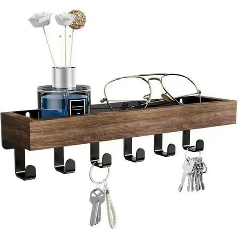 Porte-clés mural avec étagères – Organisateur décoratif pour courrier et clés (entrée), bois finition mate, matériel de fixation inclus (bois naturel, 24,5 cm L x 6 cm H x 7 cm P, 6 crochets). (1/5)