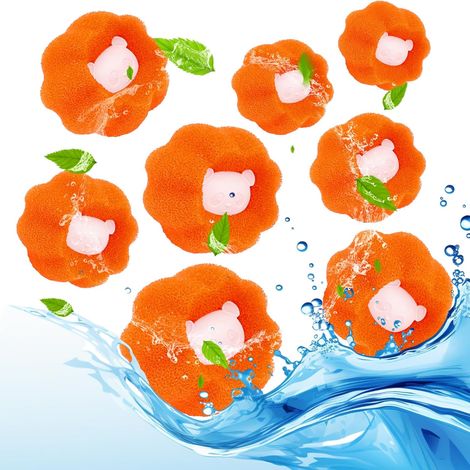 Attrape Poils Machine a Laver, lot de 8 Boule anti Poils Machine a Laver, Réutilisable Boule Machine à Laver anti Poils, Filtre à Peluches pour Enlever les Poils d'animaux. (Orange) (1/5)