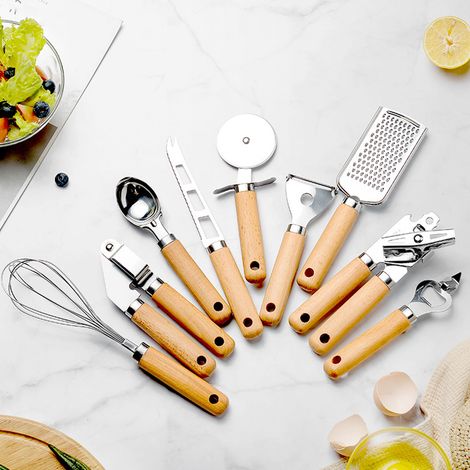 Küchenaccessoires, Holzgriffe, kleine Küchenutensilien, Schneebesen aus Edelstahl, verschiedene Gebäcksets, Pizza- und Käsemesser (1/5)
