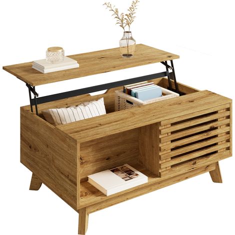Tavolino da caffè con piano sollevabile 90x55 cm con vano contenitore e anta scorrevole, in MDF con finitura effetto legno naturale, stile retrò (1/5)