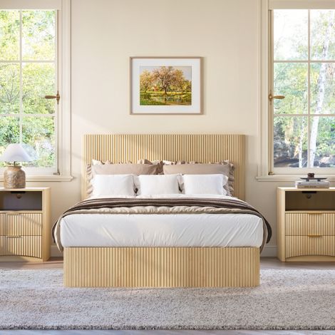 Letto 140x200 cm in MDF e metallo rovere chiaro con vano contenitore, senza materasso (1/5)