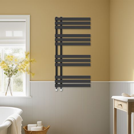 Bathroom D-shape Heated Towel Rail Designer Radiator Ladder Warmer Heating Rads 1200x600mm Black (1/5)