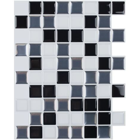 Papier Peint Carrelage Autocollant Couleur noir et blanc 25x20 cm Style Mosaïque Sticker Mural Film Décoratif Imperméable pour Carreaux de Mur de Salle de Bains et de Cuisine (1/3)