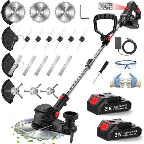 Débroussailleuse à Batterie 21V 850W Max, Coupe-Bordure sans Fil avec Écran LCD (0-100%), Rotofil avec 2 Batteries 2.0Ah, Brosse en Acier et Roues pour Jardin (1/5)