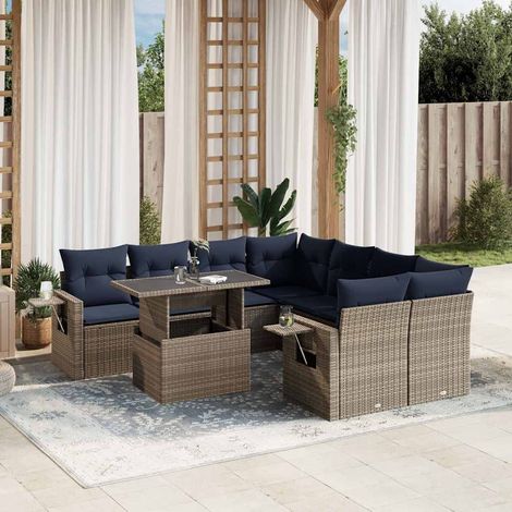 9-teiliges Gartensofa-Set mit Kissen, grau, Polyrattan (1/5)