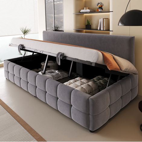 Bett Schlafsofa modern gepolstert aus Samt Grau 90x200 cm mit hydraulischem Stauraum, Rückenlehne und Lattenrost (1/5)