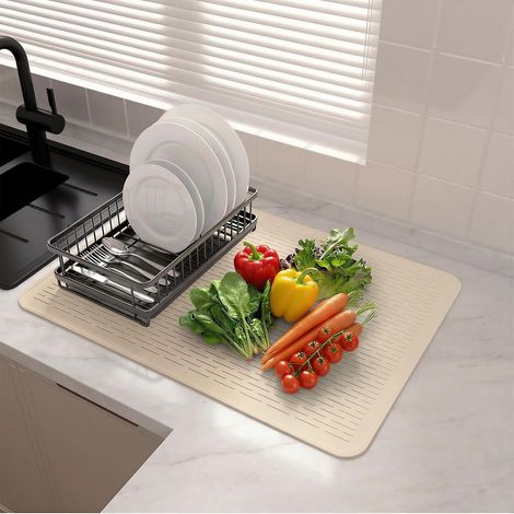 Tapis à Vaisselle en Silicone Extra Large, 70 X 50 cm, AntidéRapant, RéSistant à La Chaleur, Facile à Nettoyer, Tapis De Drainage De Cuisine pour Comptoir, éVier, RéFrigéRateur etc(Beige) (1/5)