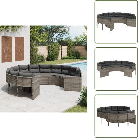 The Living Store Canapé de jardin avec coussins rond gris résine tressée - Canapé De Jardin - Canapé Extérieur - Salon De Jardin - Ensemble De Jardin - Mobilier De Jardin (1/5)