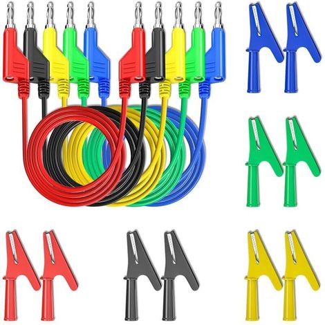 ALLIANDISFils de test banane à fiche banane empilables de 4 mm avec 10 pinces crocodiles en cuivre entièrement isolées pour les tests électriques multimètres 5 couleurs (1/3)