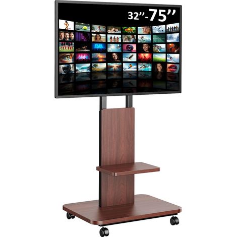 Support TV sur roulettes avec étagère en bois, pour téléviseur de 32 à 75 ", réglable en hauteur, pivotant, jusqu'à 60 kg, VESA 600 x 400 mm, noir et marron vintage (1/5)