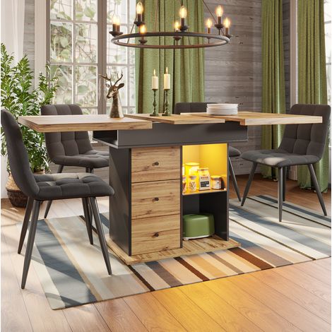 Table repas extensible LED 110 a 140 cm MDF noir metal OKMYHOME (1/5)