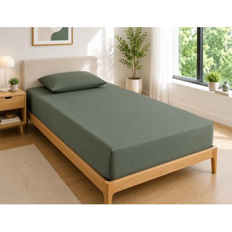 Drap Housse 90x190 cm 1 Place 100% Coton 57 Fils/cm² Bonnet 30 cm Romarin (1/3)