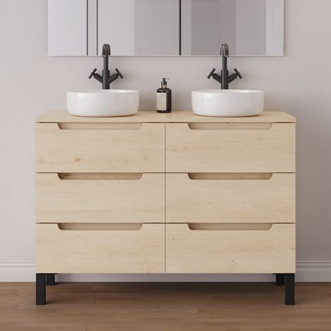 Meuble de salle de bain 120cm avec plateau et 2 vasques à poser rondes - 6 tiroirs - sans miroir - roble calima (bois clair) - RIZA (1/5)