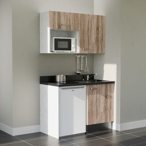 Kitchenette K07L - 120 cm - plan monobloc évier intégré Nero- évier à droite - Façades Bois + Electroménager inclus coloris Blanc (1/5)