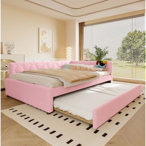 Lit banquette en velours rose 140x200 cm avec sommier, lit gigogne, lampe de chevet, USB et Type-C (1/5)