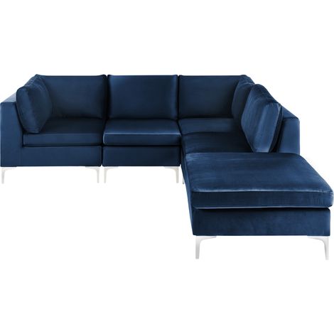 Sofá esquinero 4 plazas de terciopelo azul marino izquierdo con otomana asiento patas metal Evja (1/5)