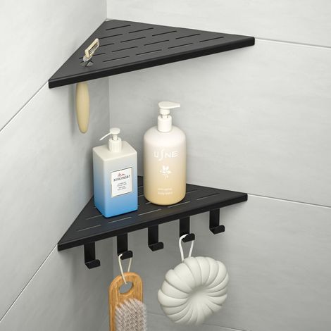Lot de 2 - Étagère de douche - Accessoire salle de bain - Acier inoxydable 304 sans perçage pour mur carrelé avec crochets noir 25,4x25,4cm