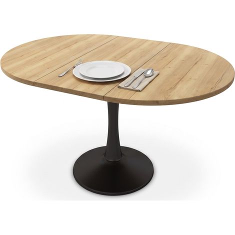 FurnitureR Table ronde extensible de 100 à 140 cm avec plateau MDF effet chêne clair et pied central noir, idéale pour 4 à 6 personnes (1/5)