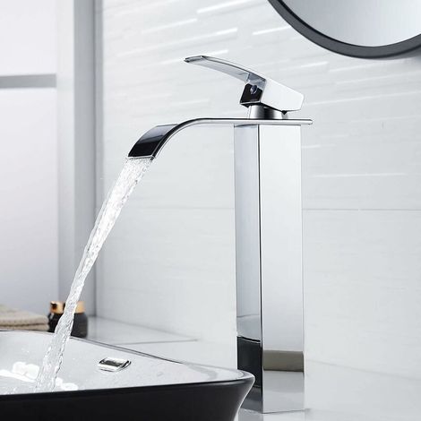 Modern Tall Waterfall Basin Faucet, Elegant Design Bathroom Faucet, Tall Single Handle Brass Basin Mixer Tap, Hot and Cold Water Available