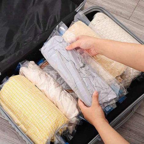 Matériau bleu transparent : sac de compression roulé à la main en PA+PE, sac sous vide, sac de rangement de voyage, sac de compression pour vêtements ménagers. (1/5)