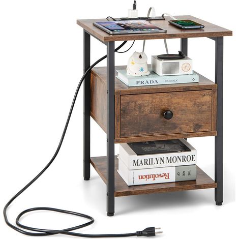 COSTWAY Comodino a 3 Piani con Stazione di Ricarica, Tavolino in Legno con Ripiani Aperti e Cassetto, Tavolino con Struttura in Metallo Robusto per Camera da Letto, Soggiorno e Studio, Naturale (1) (1/5)