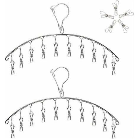 PA Étendoir à Linge à Suspendre Acier Inoxydable Cintre de Chaussette Séchoirs Cintre avec 10 Pinces pour Couches en Tissu, Soutiens-Gorge, Serviette, sous-vêtement, écharpe, Gants (2 pièces) (1/5)