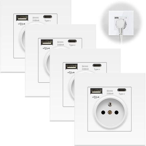 Set of 4 Wall Sockets With USB and Type-C – Universal 5V 2.1A Outlet With Overload Protection, Standard 86 mm Installation, Ideal for Home, Office, and Device Charging (1/5)