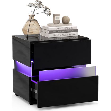 LED Bedside Table with Drawers Remote Control Nightstand w/22 Dynamic Modes