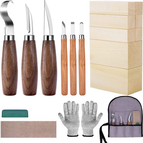 Wood carving set for beginners, children and adults, wood carving set with 8 linden wood blocks, gift set with wood carving tools including 6 carving knives, gloves, a carrying case and a sharpening t (1/5)