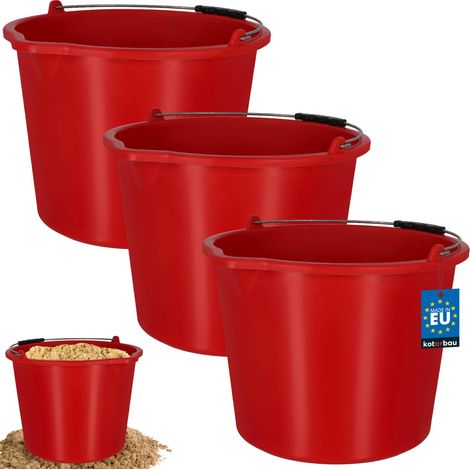 KOTARBAU® Lot de 3 Seau de Maçon - Seau de Construction 20 L - Plastique - Seau de Chantier - Seau à Mortier - Rouge - avec Bec Verseur et Anse - Rond (1/4)