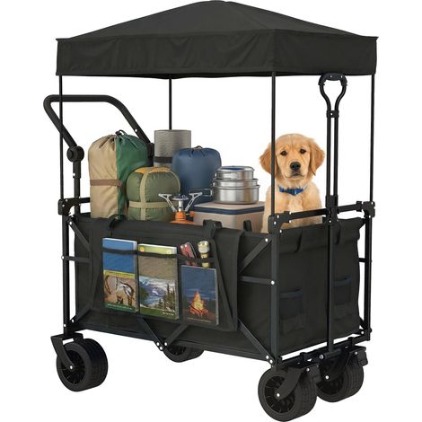 Outsunny carro playa plegable con ruedas grandes con freno, techo extraíble, barra ajustable, portavasos y bolsillos carga 100 kg para campaña compras