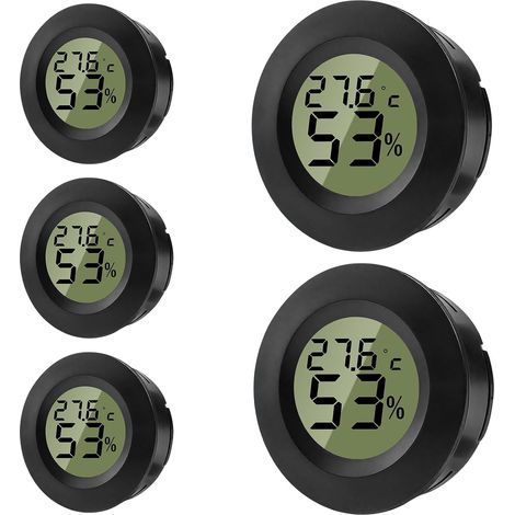 Lot de 5 thermomètres hygromètres numériques ronds, capteurs humidité et température, pour intérieur, serres, terrariums, valises de guitare, caves à cigares, incubateurs et verre (1/5)