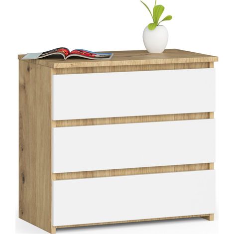 Mesita de noche AKORD CL3 Roble Artisan 60 cm 3 cajones frente en color Blanco 60x35x57 cm (1/5)