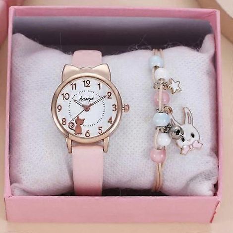 Montre enfant SHARPHY pour filles + bracelet lapin - Quartz, bracelet en cuir, étanche, rose tendance et mignon. (1/4)