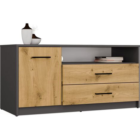 SIMPLO - Mueble de TV de 109 cm con 2 cajones y 1 puerta - Antracita roble artesanal (1/5)